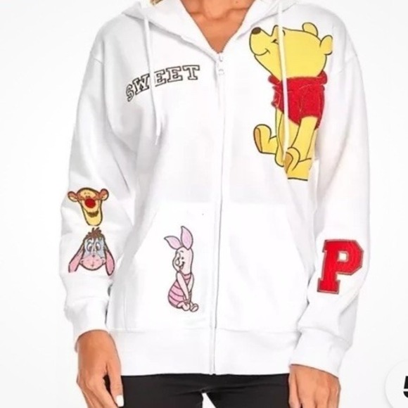 DISNEY Winnie The‎ Pooh Women's Full Zip Sweatshirt Hoodie XL White Tiny Flaw - Picture 1 of 8